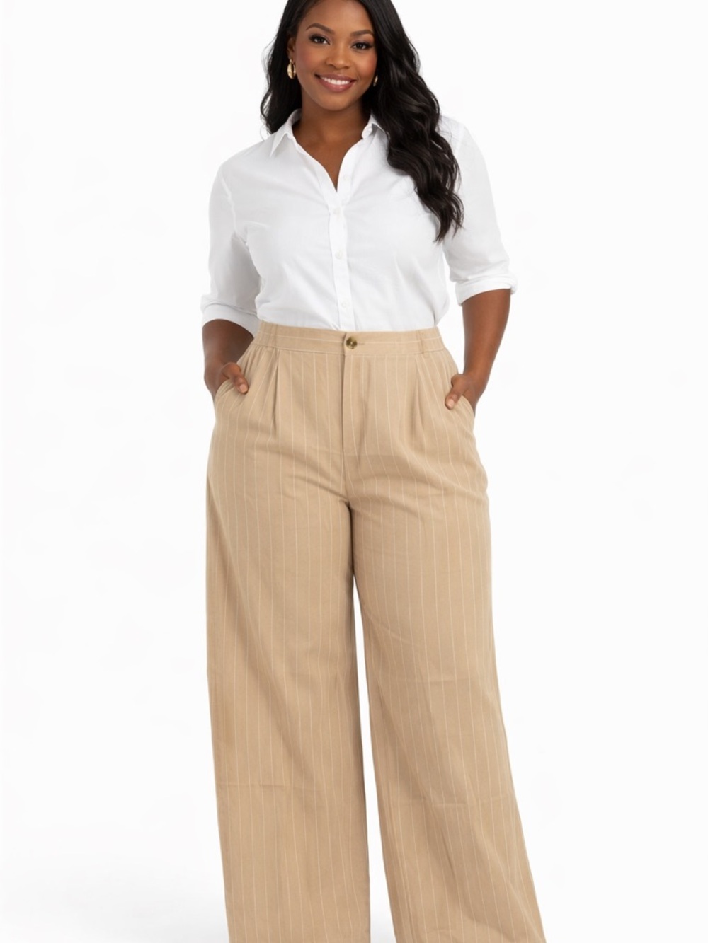 PrettyLittleThing Beige Pinstripe Wide-Leg Trousers